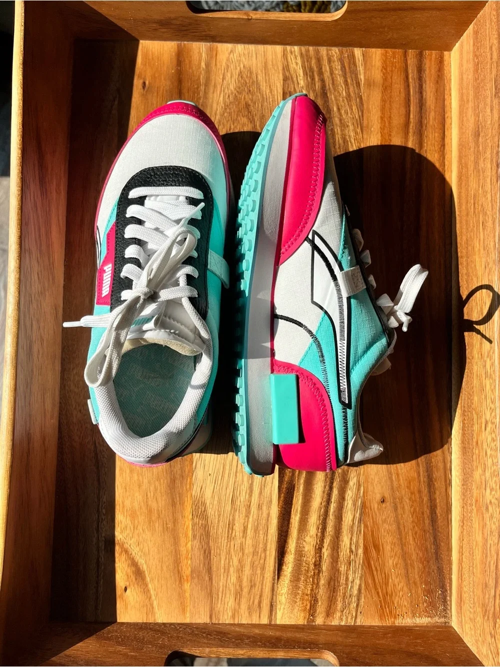 Puma Kids White Sneakers with Pink, Teal & Black Accents
